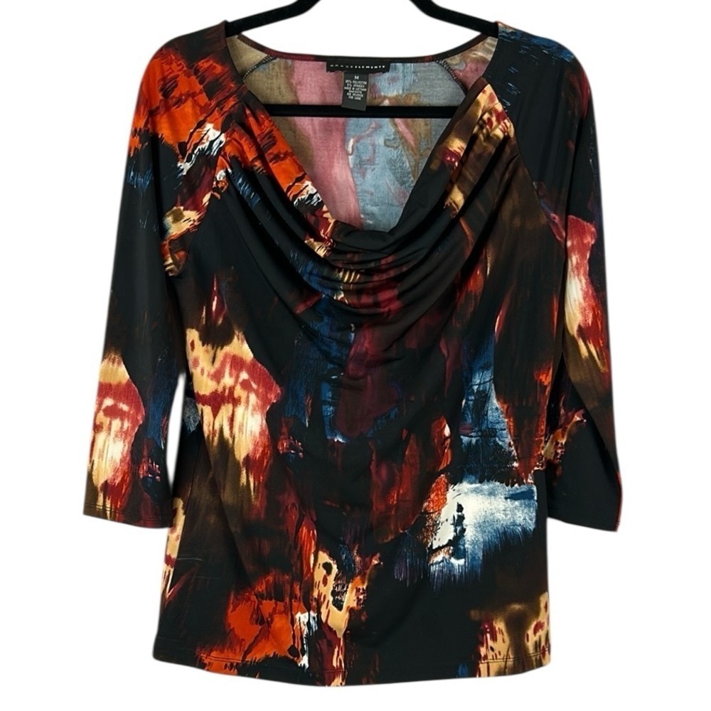 Grace Elements Artsy Abstract Cowl Neck 3/4 Sleeves Top Blouse Medium Multicolor